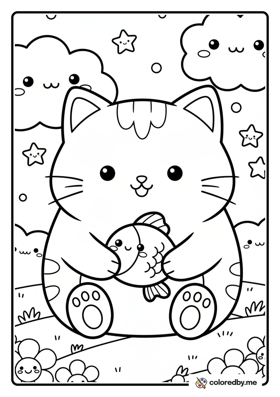 Kawaii Kitten with a Tiny Fish coloring page