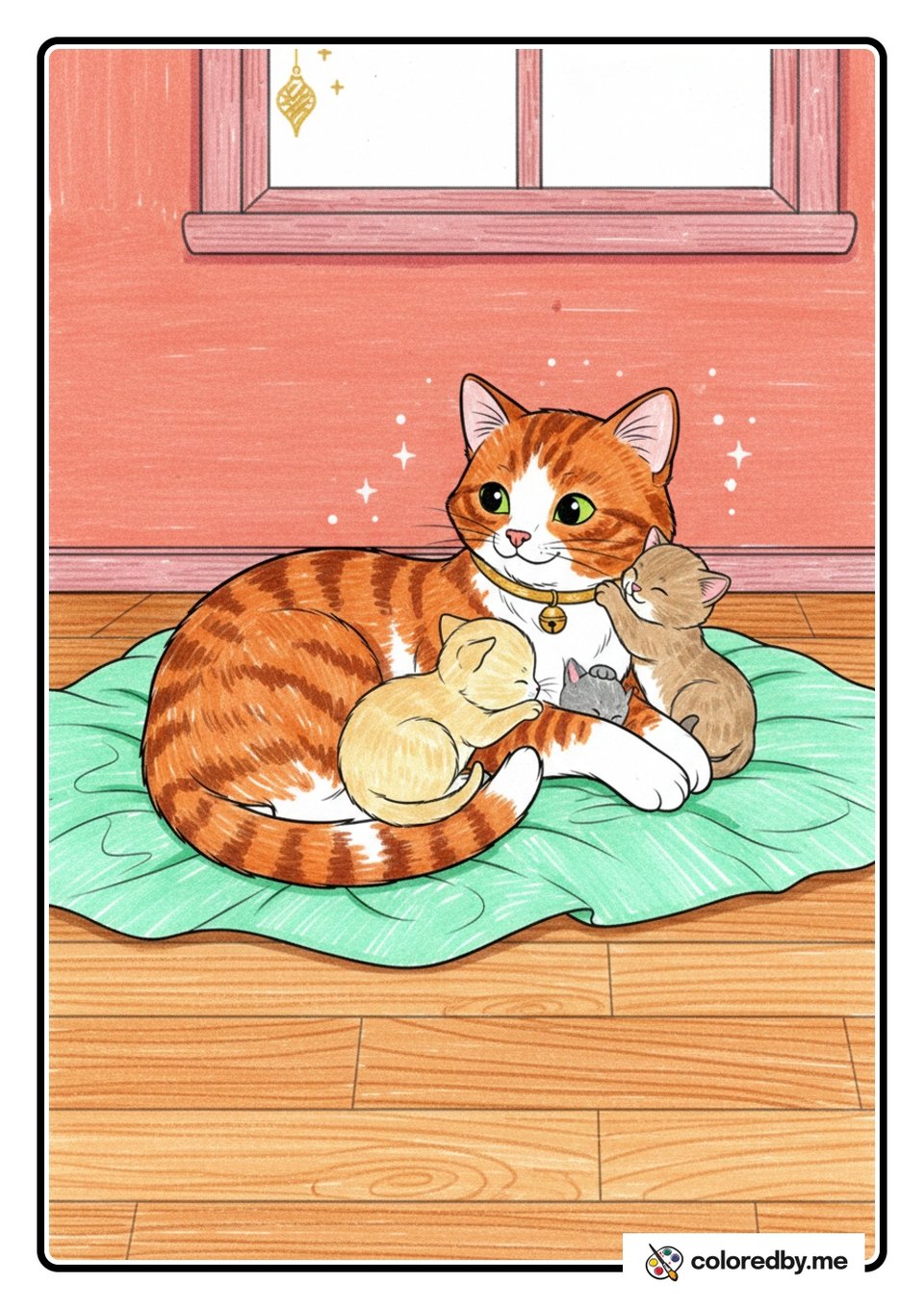 Mama Cat Snuggling Her Kittens — Gel Pens coloring page
