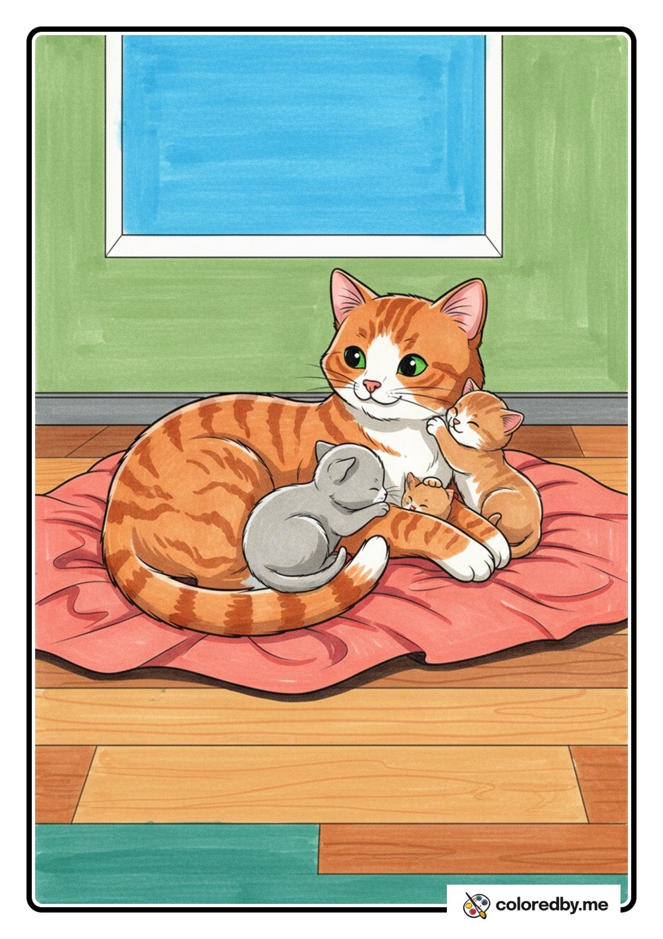 Mama Cat Snuggling Her Kittens — Markers coloring page