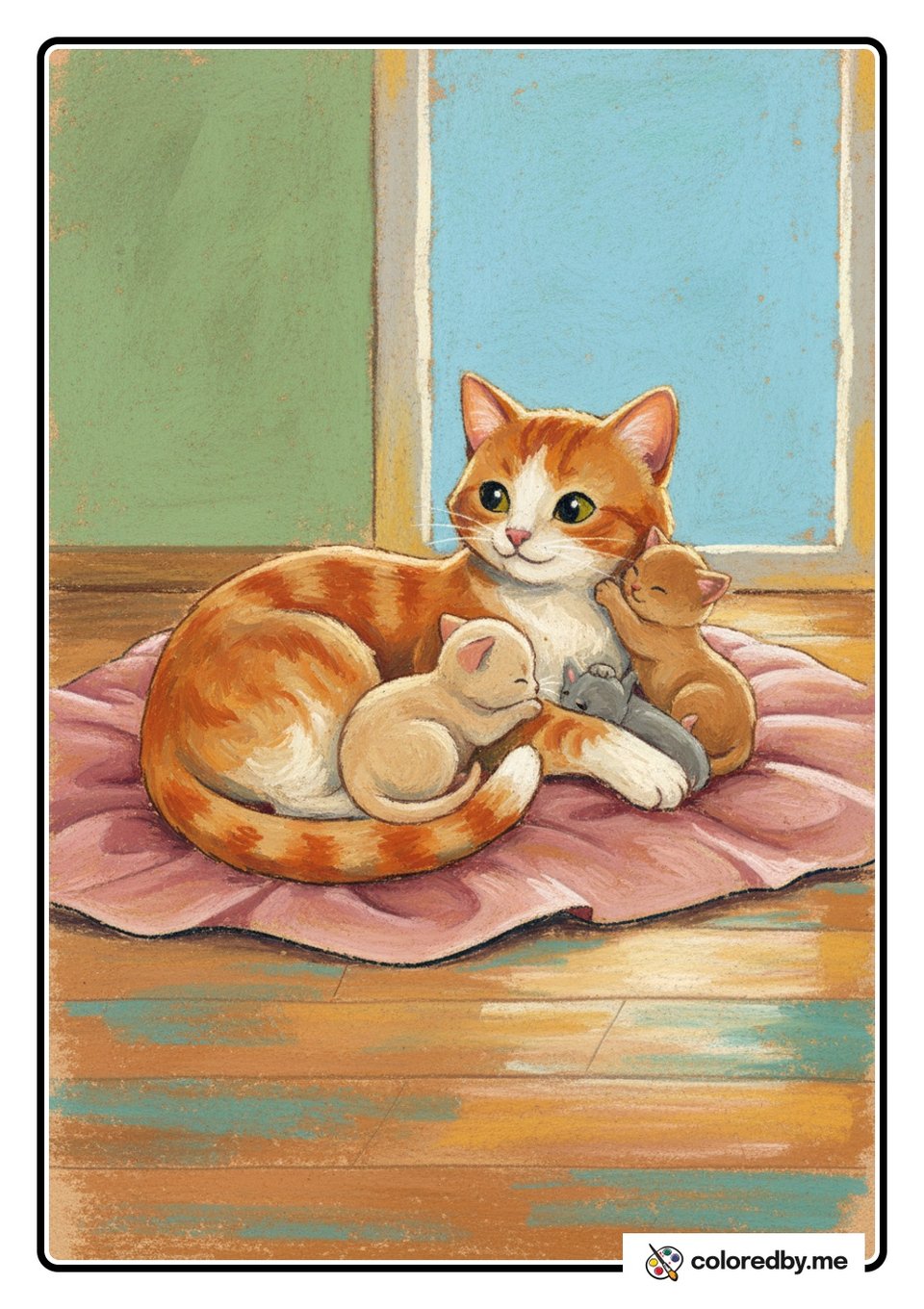 Mama Cat Snuggling Her Kittens — Oil Pastels coloring page
