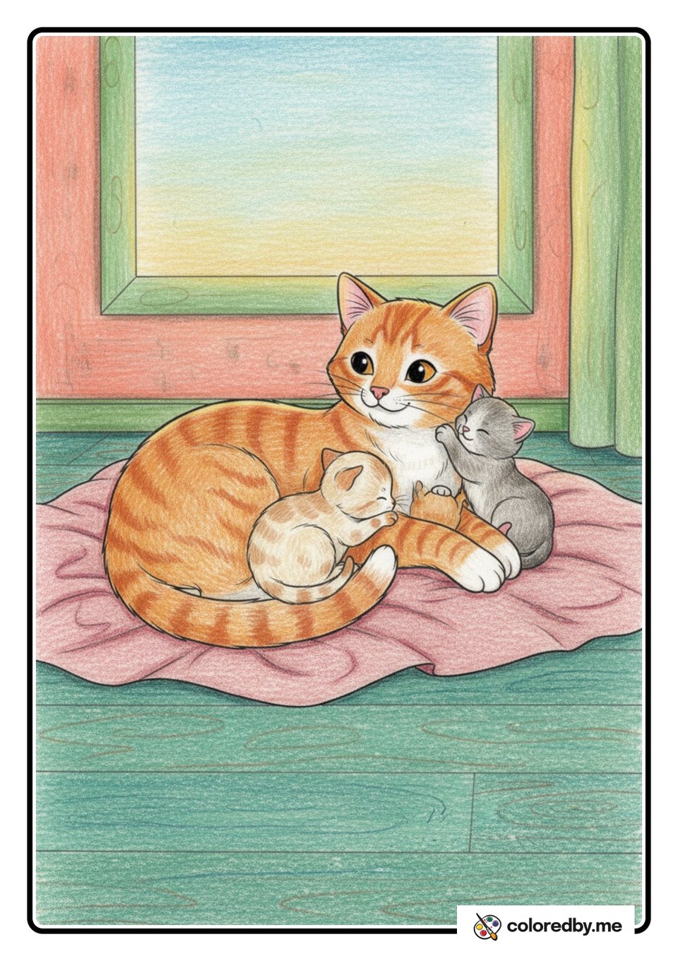 Mama Cat Snuggling Her Kittens — Colored Pencils coloring page