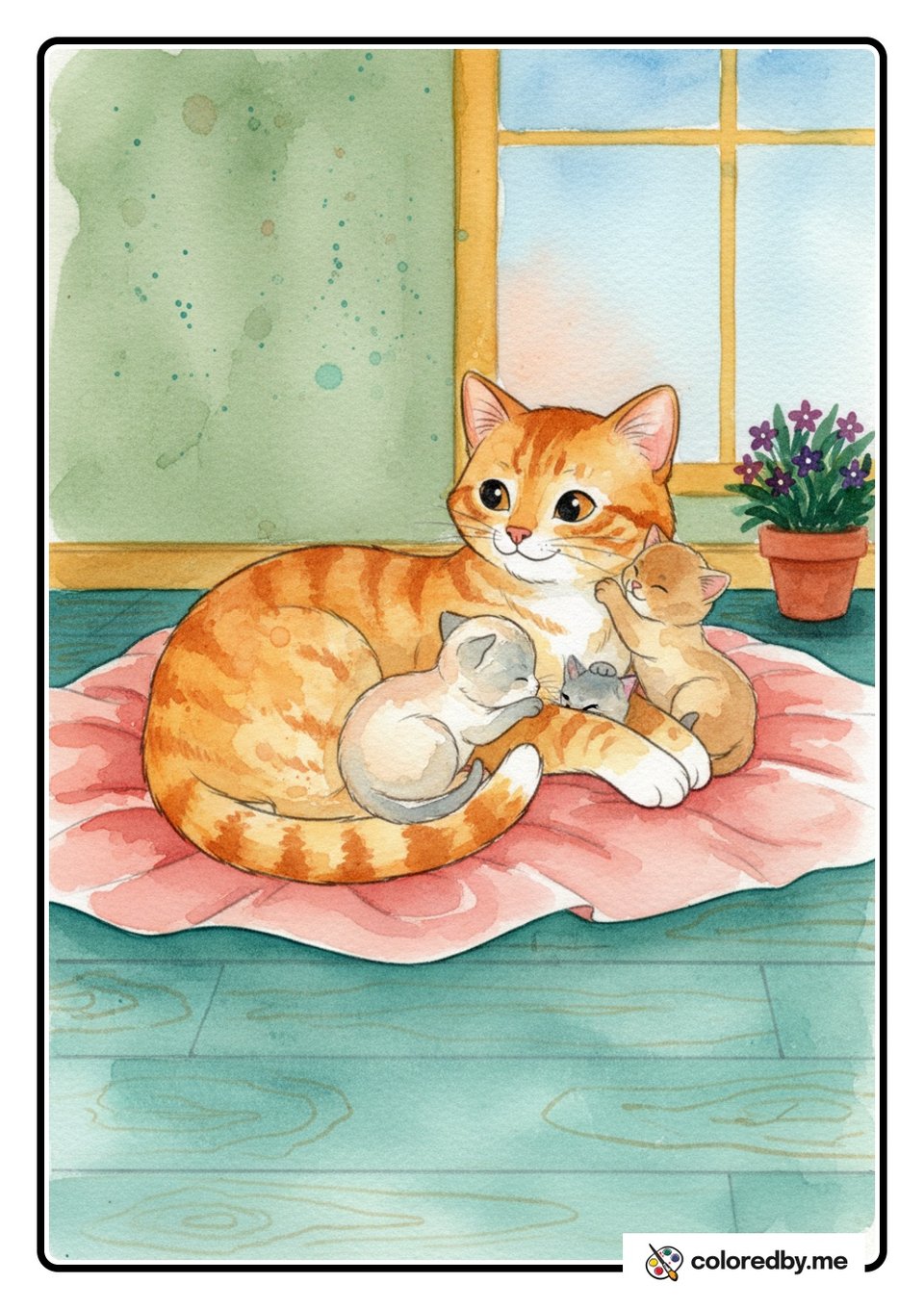Mama Cat Snuggling Her Kittens — Watercolors coloring page