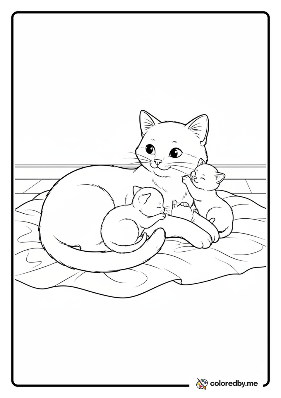Mama Cat Snuggling Her Kittens coloring page