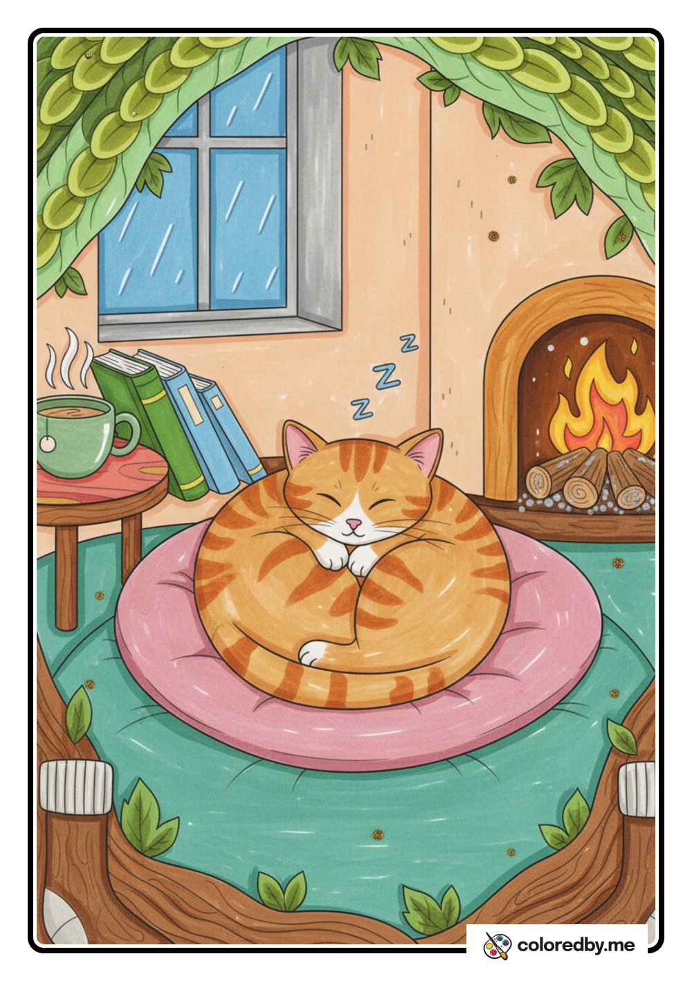 Sleeping Cat Curled Up in a Ball — Gel Pens coloring page