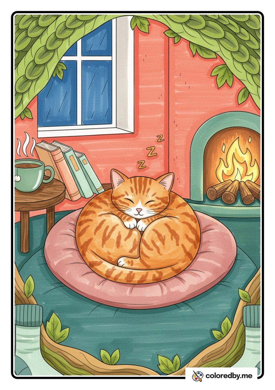 Sleeping Cat Curled Up in a Ball — Markers coloring page