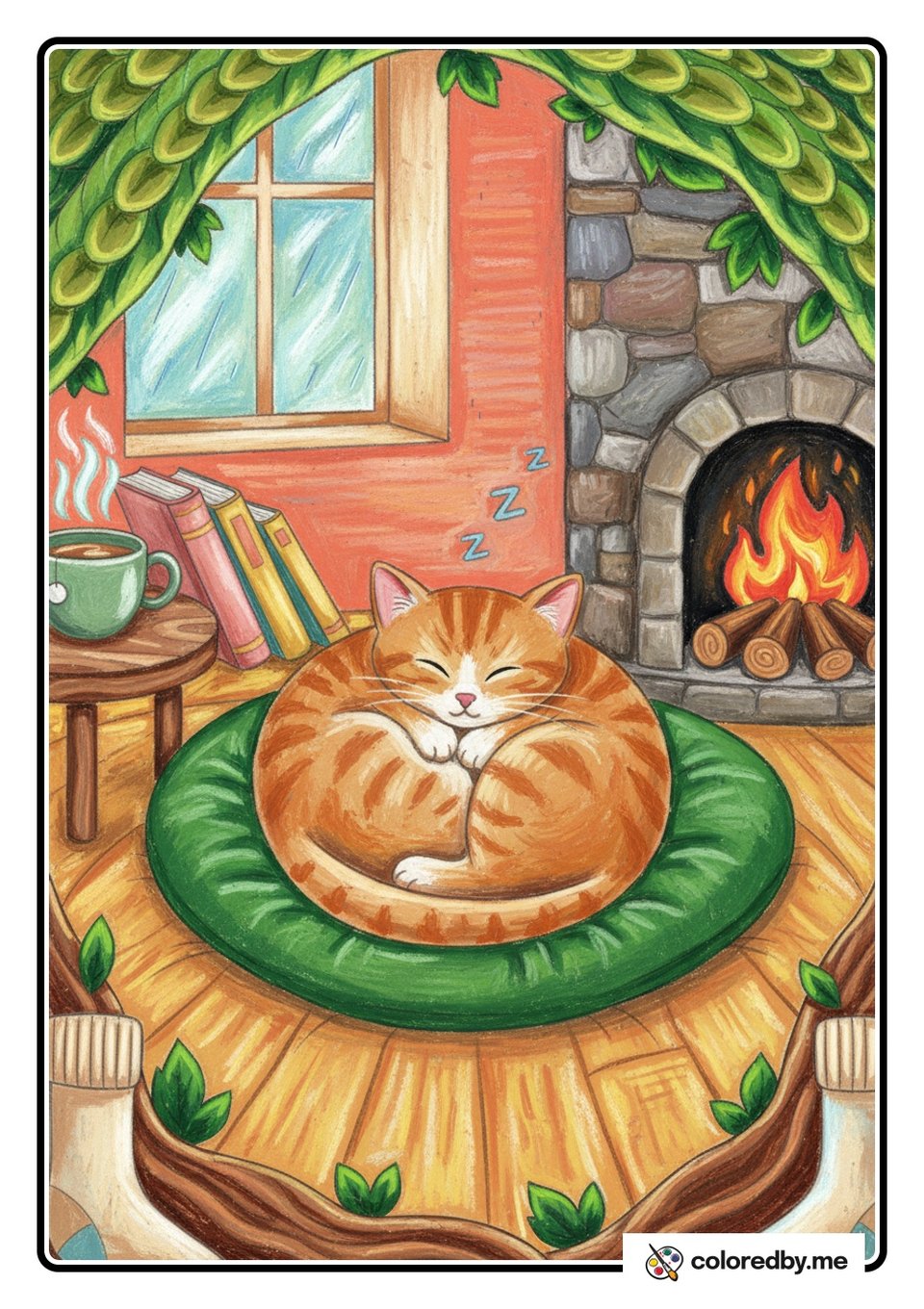 Sleeping Cat Curled Up in a Ball — Oil Pastels coloring page