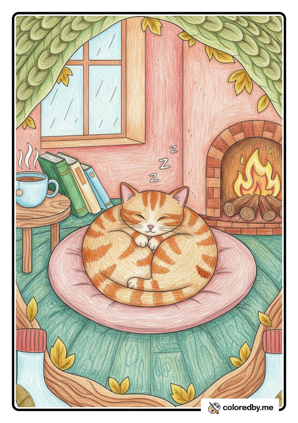 Sleeping Cat Curled Up in a Ball — Colored Pencils coloring page