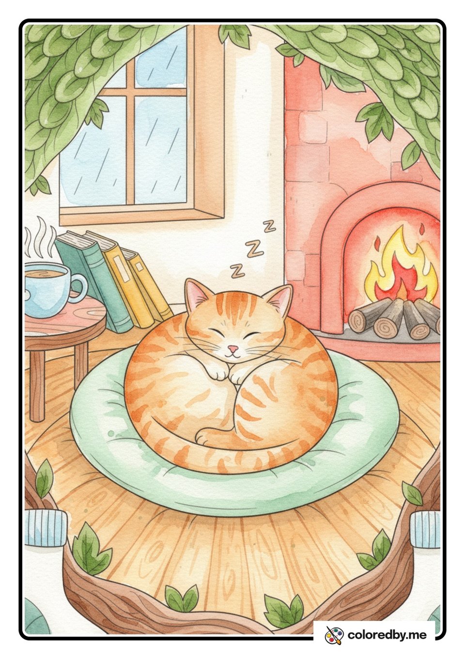 Sleeping Cat Curled Up in a Ball — Watercolors coloring page