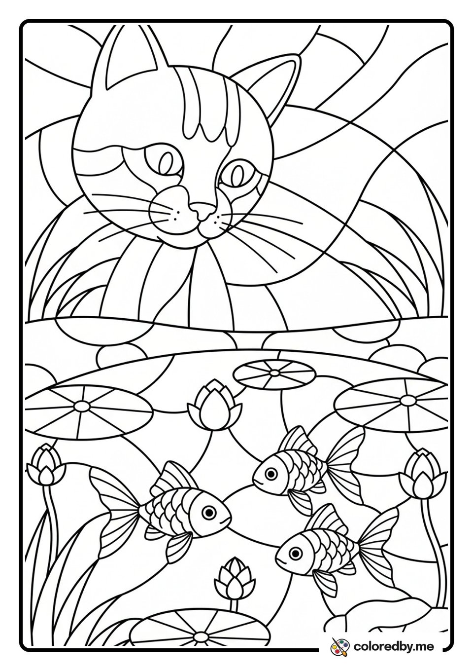 Stained Glass Cat and Goldfish Pond coloring page