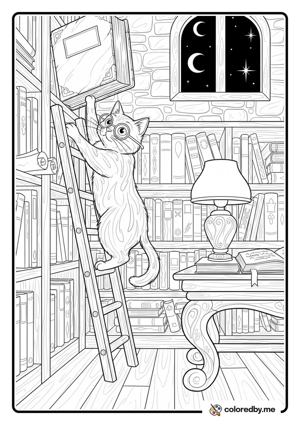 The Scholarly Librarian Cat coloring page
