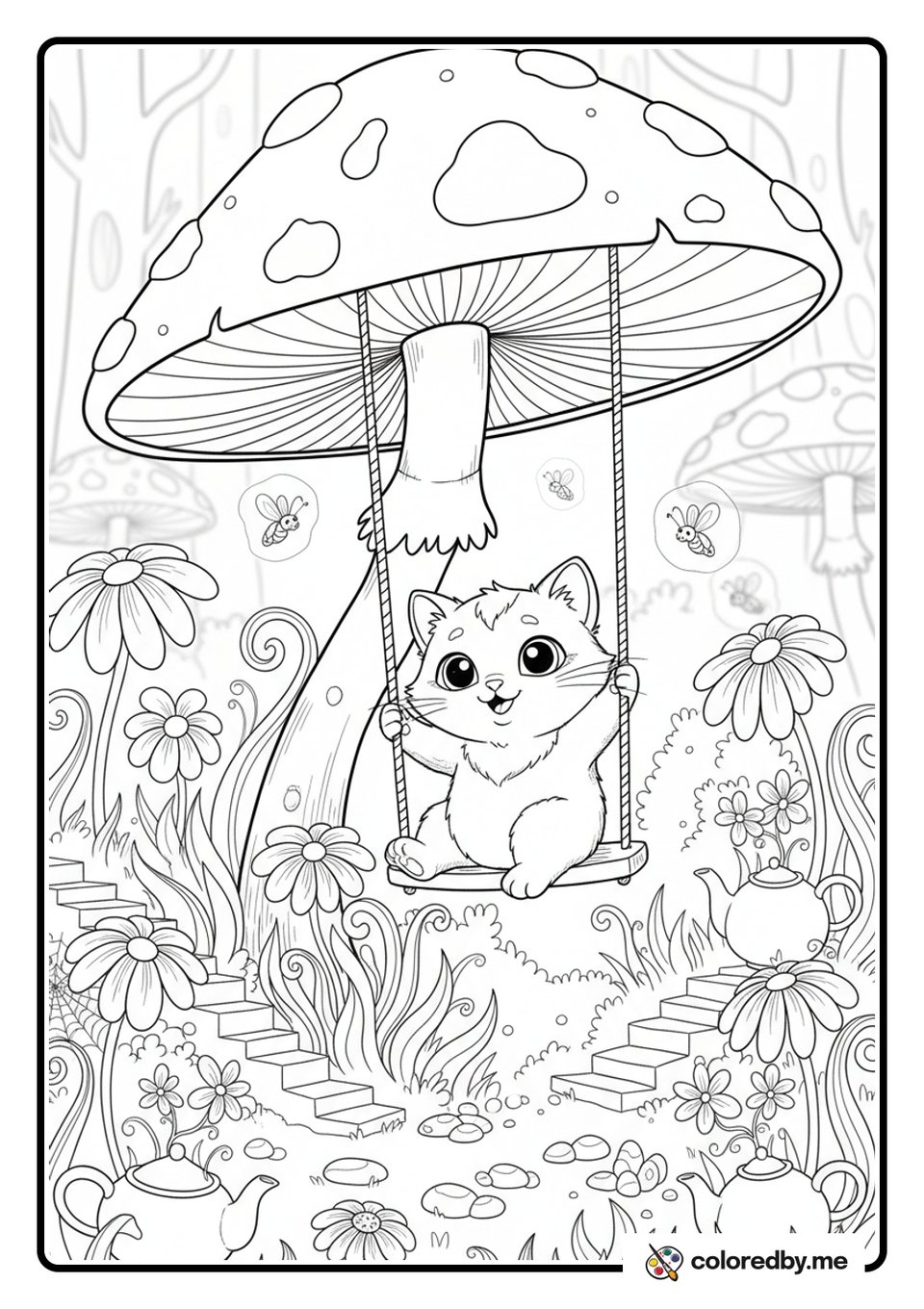 Tiny Cat's Mushroom Swing coloring page