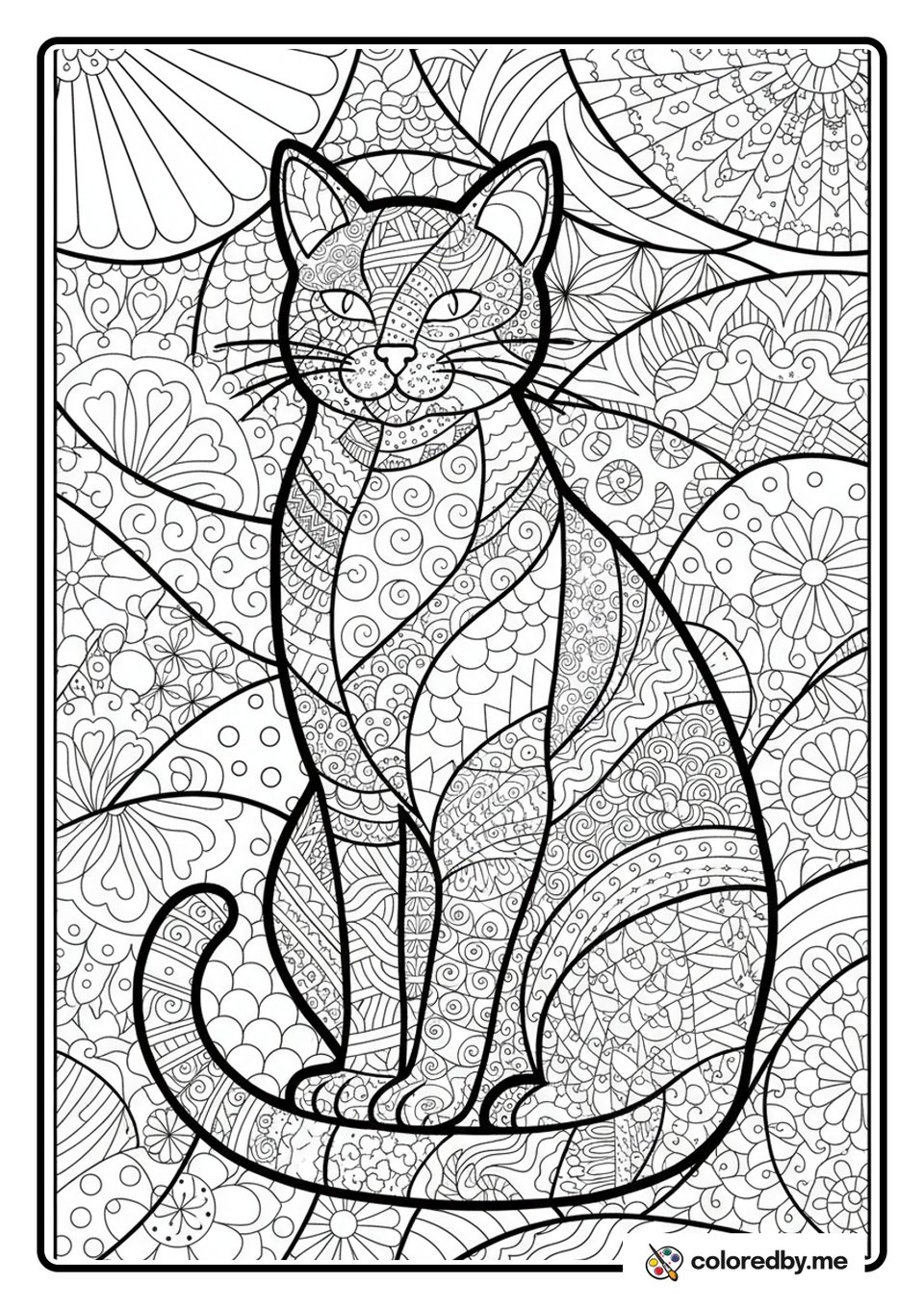 Meditating Zentangle Cat coloring page