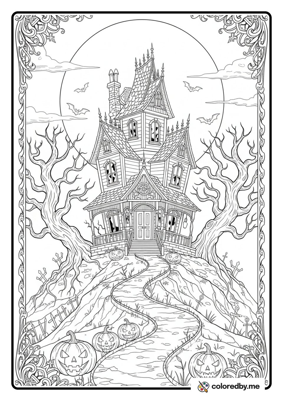 Haunted House with Bats coloring page