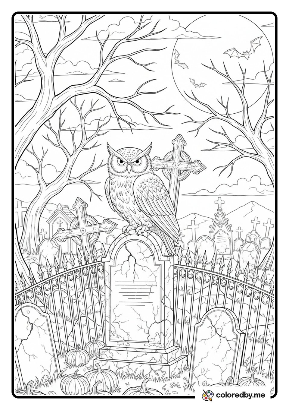 Spooky Graveyard with Owl coloring page