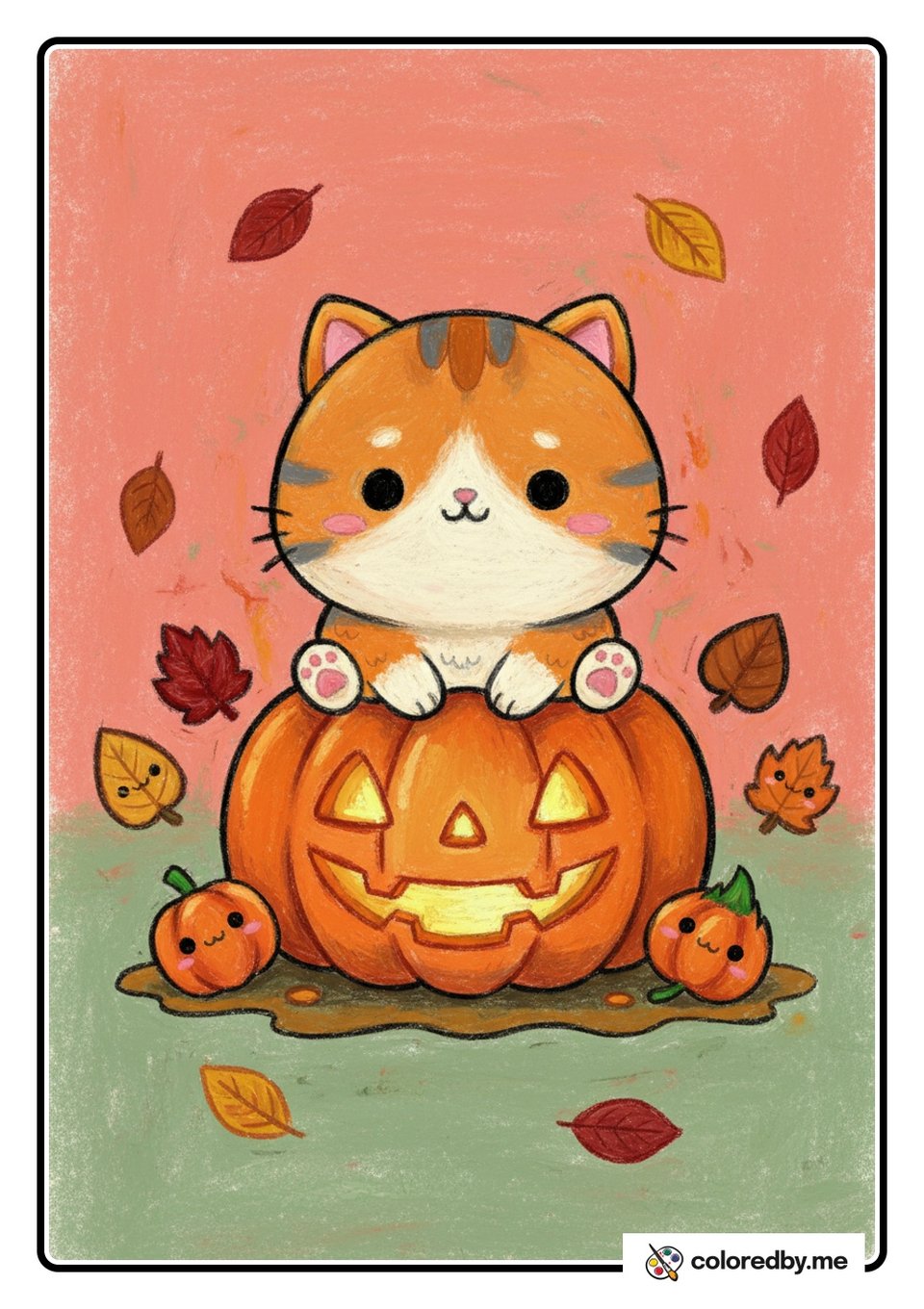 Cat and Pumpkin — Oil Pastels coloring page