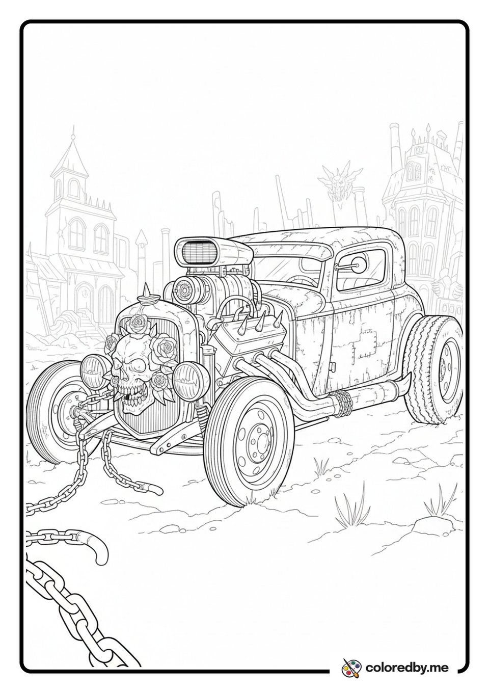 Rusty Rat Rod with Big Engine coloring page