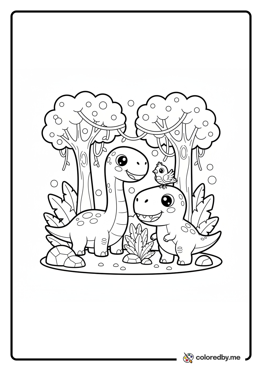 Dinosaurs in a prehistoric jungle coloring page