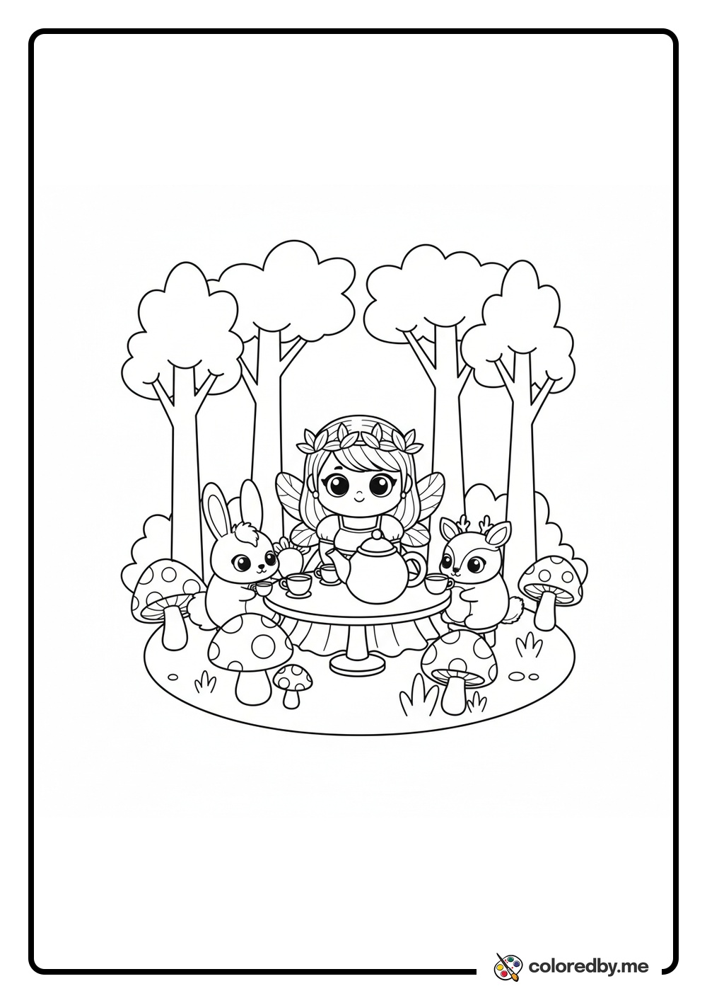 Fairy tea party with woodland animals coloring page