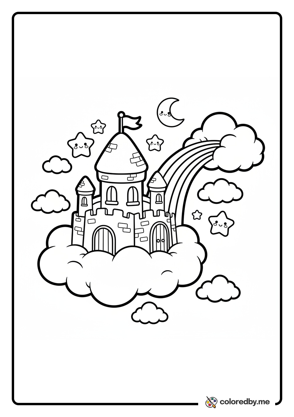 A castle in the clouds with a rainbow bridge coloring page