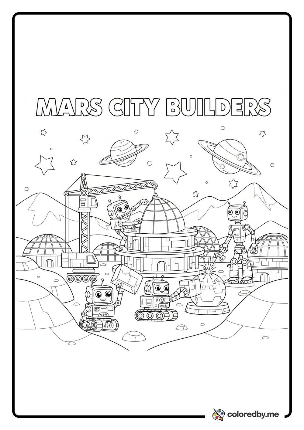 Robots building a city on Mars coloring page