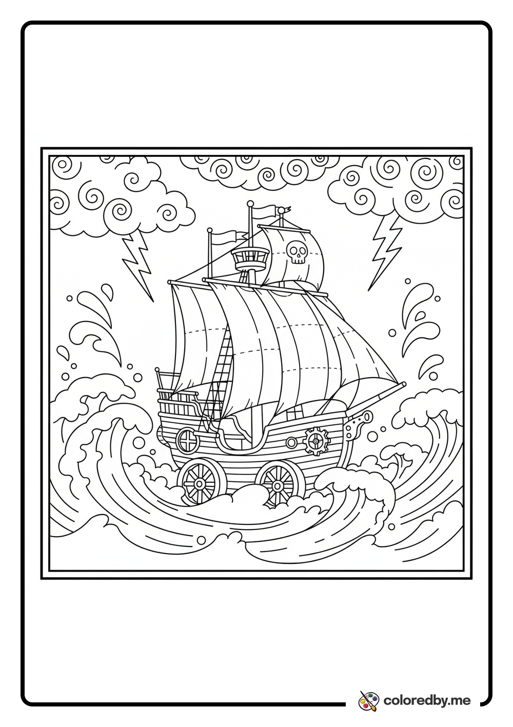 Pirate ship sailing through stormy seas coloring page