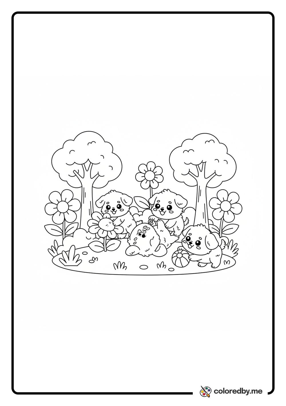 Cute puppies playing in a garden coloring page