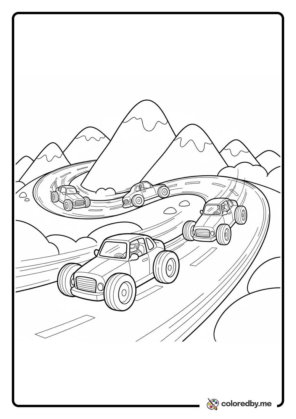 Racing cars on a winding mountain road coloring page